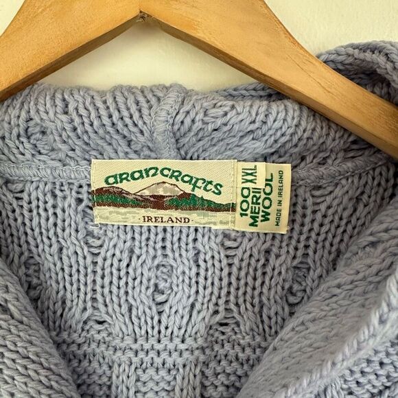 Aran Crafts Blue  Vintage Merino Wool Longer Length Full Zip Hooded Fisherman Kn - Picture 4 of 9